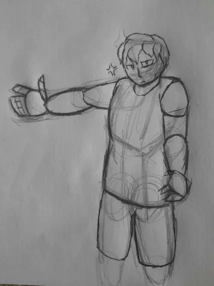 A paper-drawn sketch of Thea, showcasing something while irritated. Made by AnimaDump.